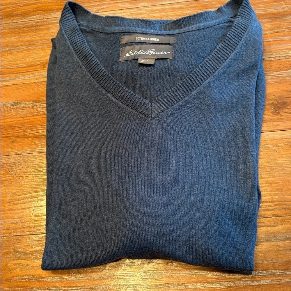 Eddie Bauer Blue V-Neck Lightweight Cotton Cashmere Sweater XL